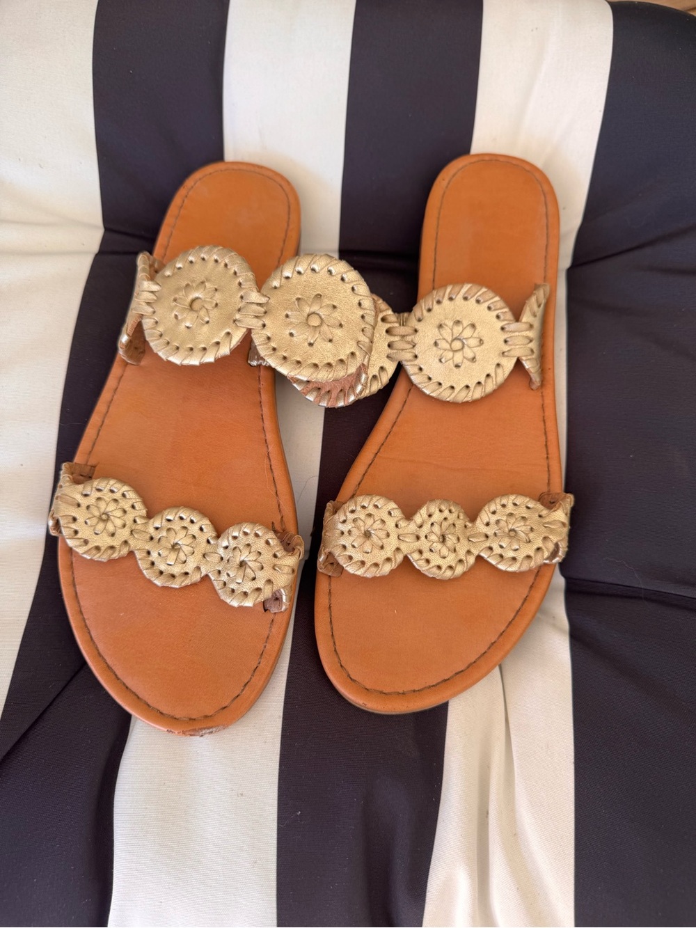 Jack Rogers Lauren Tan Leather Slide Sandals with Gold Braided Medallions